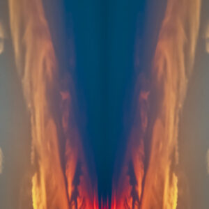 An abstract photograph featuring a luminous orb at its center, surrounded by symmetrical patterns resembling plumes of smoke and fire. The color palette shifts from deep blue to vibrant oranges and reds, evoking the image of a phoenix rising.