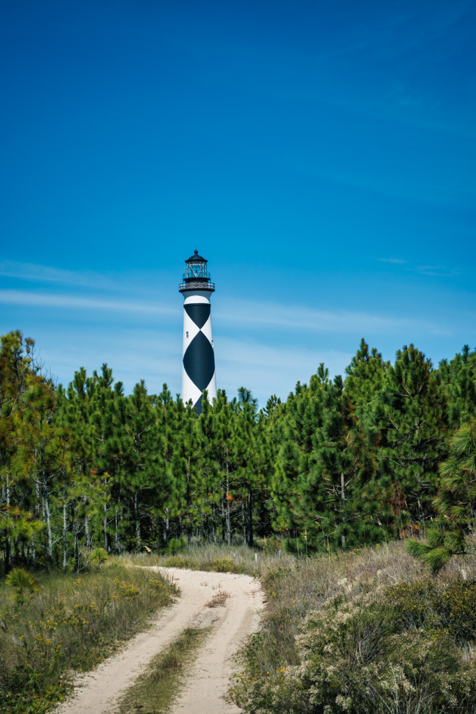 The iconic cape lookout black and white lighthouse stands tall amidst a landscape of vibrant green trees under a bright blue sky, symbolizing hope and direction in our environmental journey.