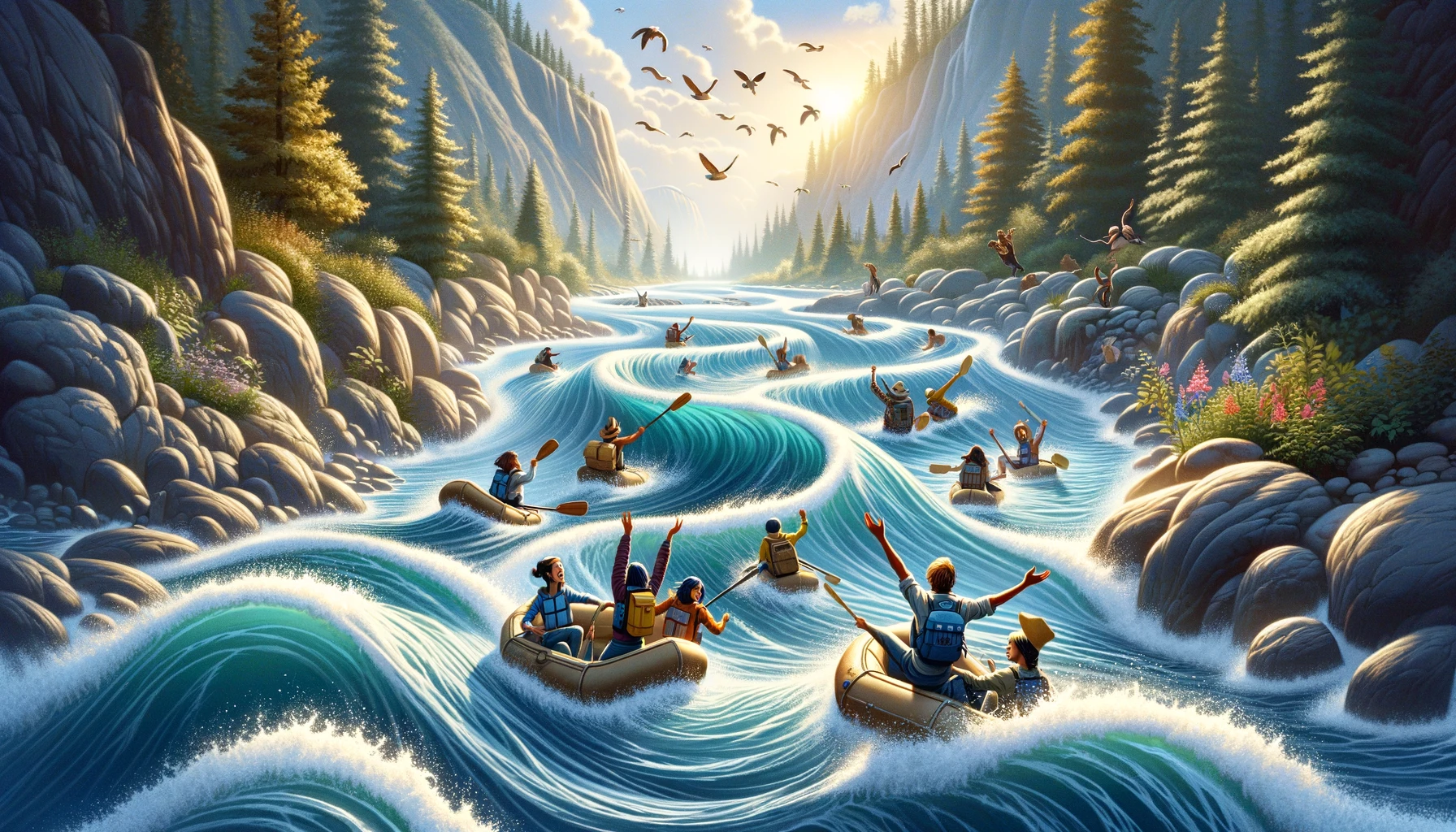 A visual metaphor depicting life as a dynamic, flowing river, with adventurous individuals navigating its course. The image conveys the excitement and joy of exploring life's mysteries, embodying the spirit of fearless adventure and the love for the great outdoors.