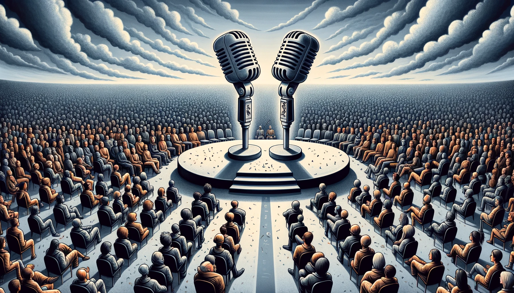 A conceptual debate stage with two symbolic microphones representing opposing views, set against an audience of varied opinions, highlighting the ongoing struggle between controlling misinformation and preserving the freedom of speech.