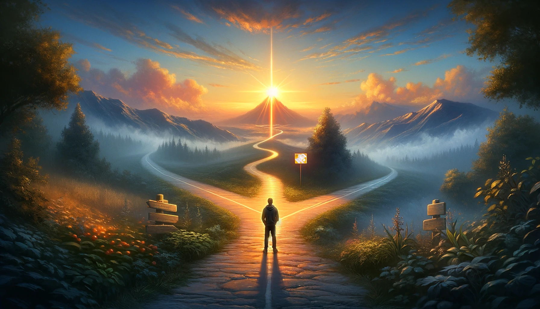 A person pausing at a crossroads, with one path leading straight ahead and another veering towards a luminous orange sign, symbolizing the awakening to the unnoticed aspects of our surroundings and the decision to observe more closely.