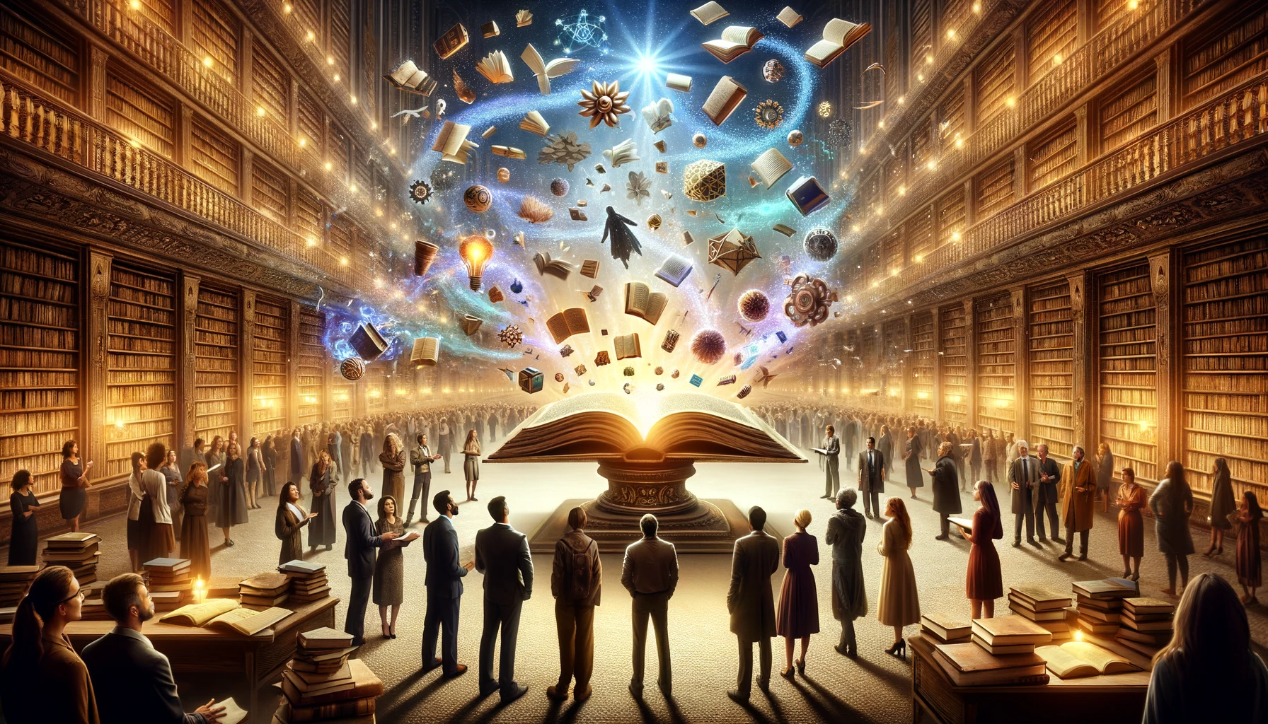 A diverse group of people engaging in a lively discussion in a library, surrounded by books and scrolls, with glowing words representing different theories floating above them, highlighting the transition from certainty to exploration.