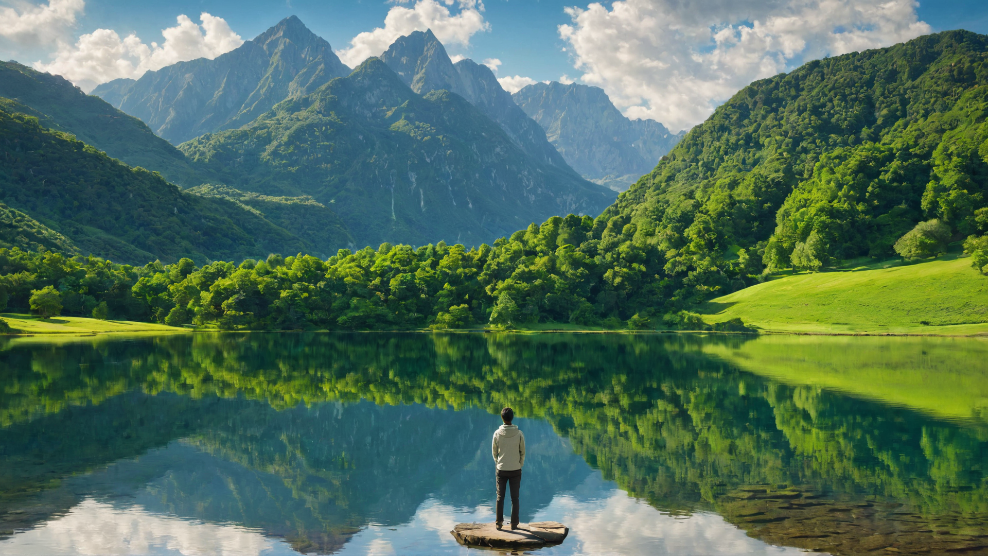 A peaceful and introspective scene showcasing an individual reflecting on their inner self by a calm lake, surrounded by nature's beauty, representing the search for internal fulfillment and the richness of self-exploration.