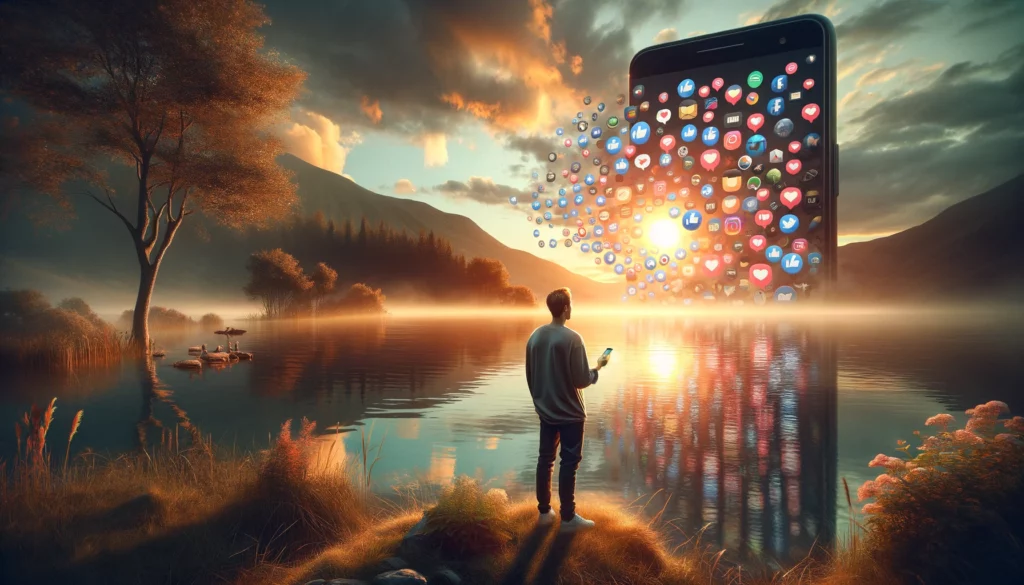 A contemplative individual at the edge of a tranquil lake, holding a smartphone with social media notifications, contrasting with the peaceful sunrise reflecting on the water, symbolizing the choice between digital engagement and embracing the natural world.