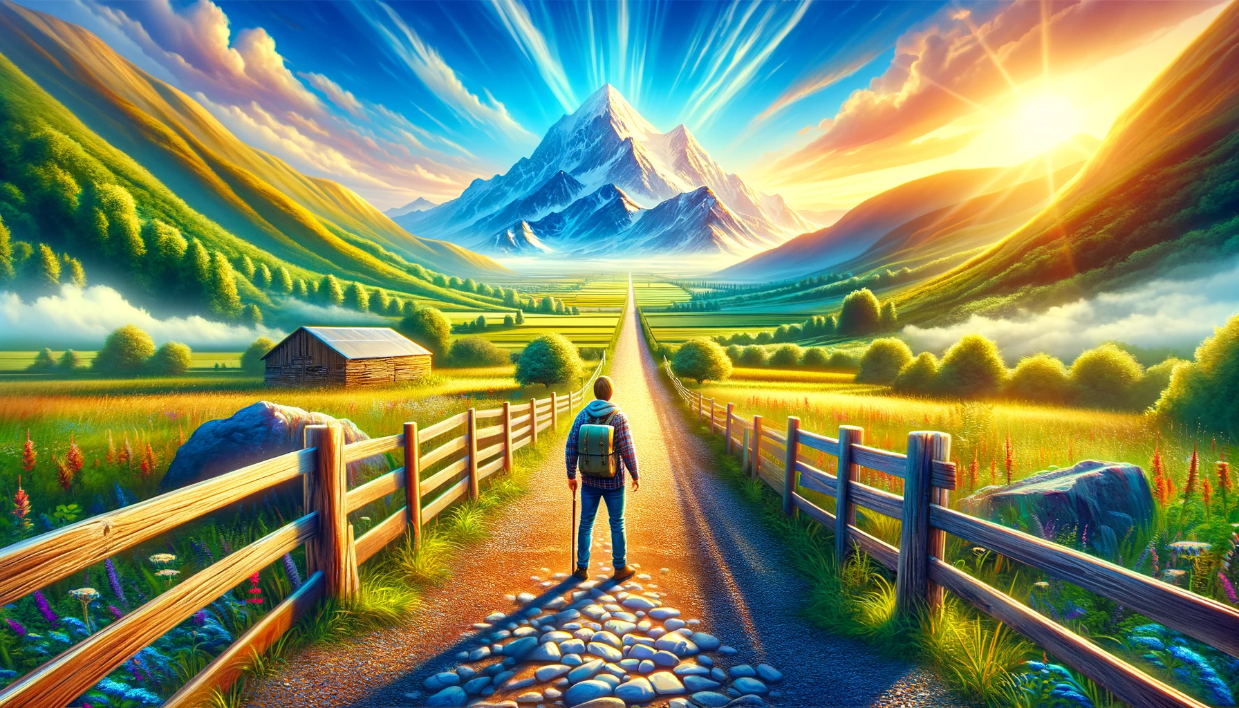 An uplifting scene depicting a traveler at the end of a gravel path, facing a fence with a majestic mountain in the distance, embodying the challenges and beauty of life's journey.