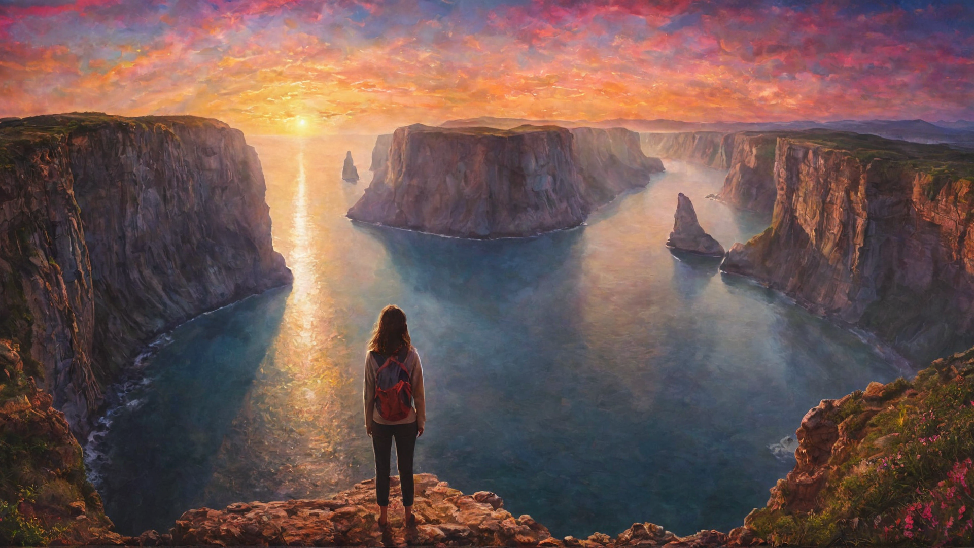 A figure stands confidently at a cliff's edge, ready to explore the vast, colorful landscape of their inner self under a dawn sky, symbolizing the journey to uncover the real essence beyond societal norms.