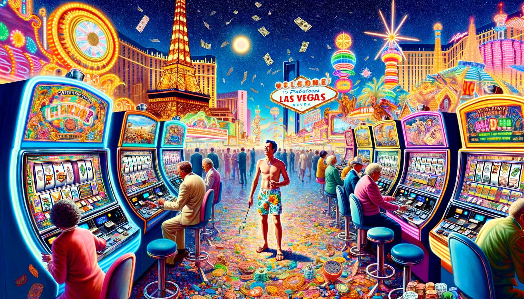 A vivid scene capturing a man's moment of joy and liberation as he plays slots in his swimwear, undisturbed by the bustling casino around him, symbolizing the essence of embracing one's true self against societal norms.