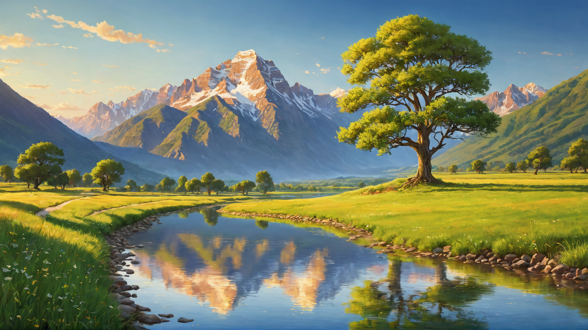 A lone tree stands resilient in an open field, its leaves a mix of vibrant greens with hints of red, yellow, and orange, symbolizing the blend of life's demands within the tranquility of nature. A reflective river and distant, sunlit mountains remind us of the journey towards living a life true to our deepest values.