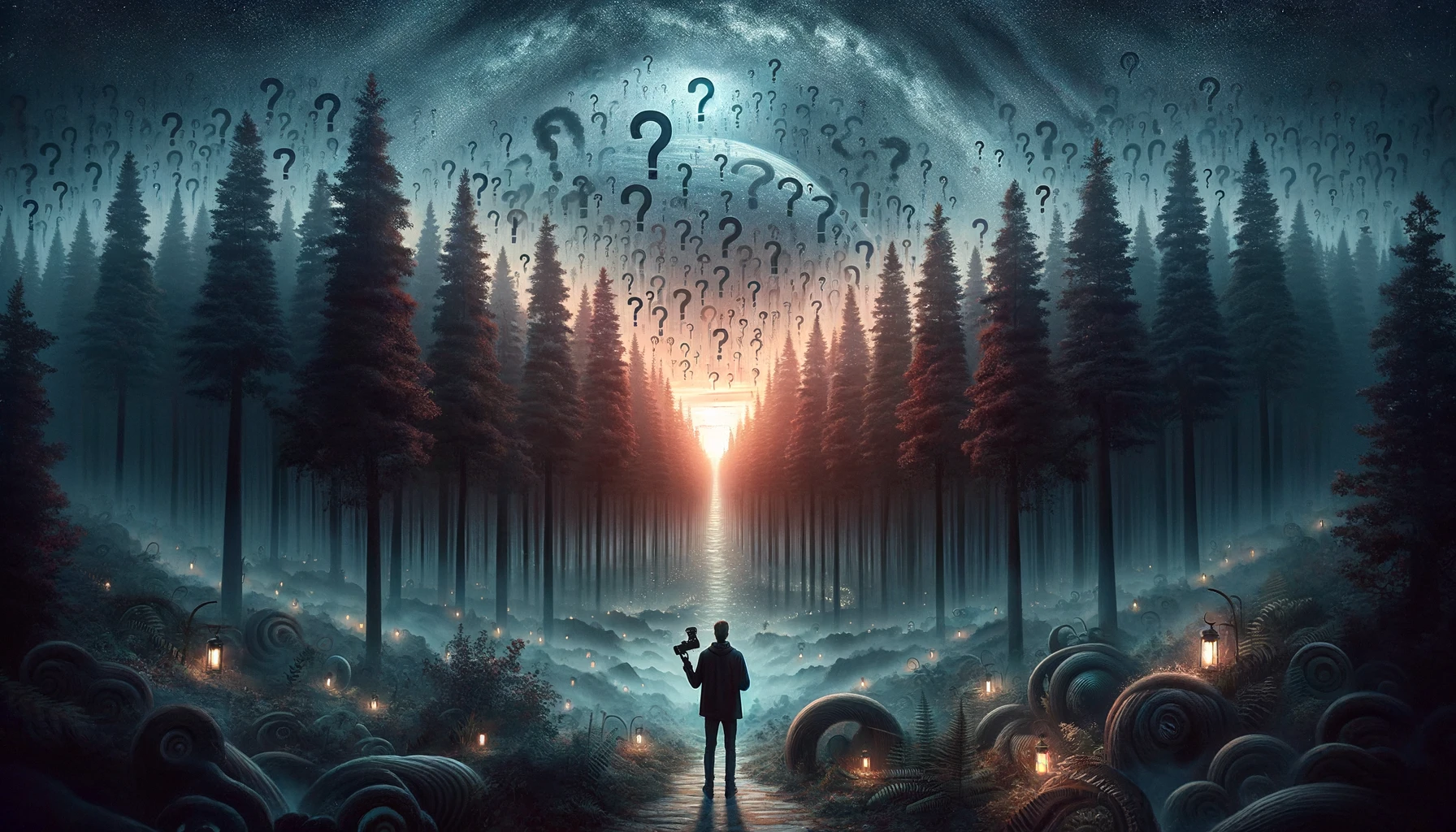 A lone explorer at the forest's edge, camera poised, faces the enigmatic depths of the woods under a twilight sky, symbolizing a personal quest for understanding amidst life's mysteries.