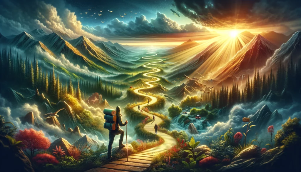 A determined traveler on a winding path through varied landscapes, facing obstacles and finding beauty, illustrating the journey toward achieving dreams and realizing potential without shortcuts.