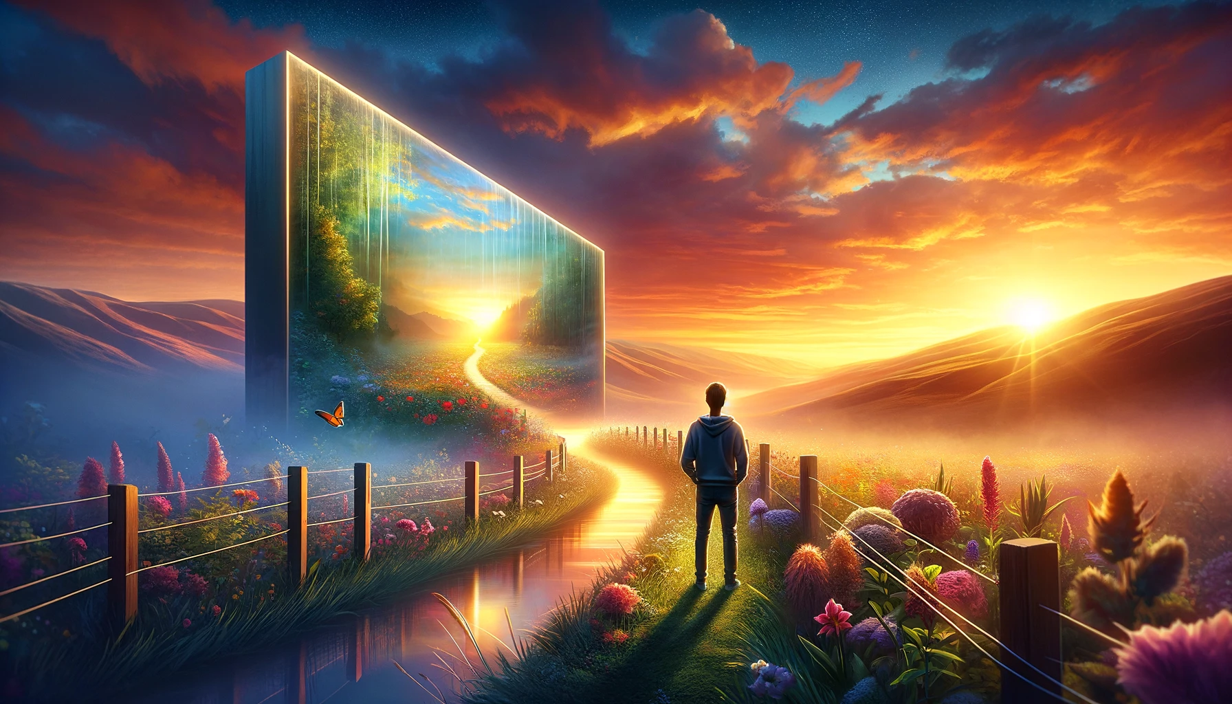An individual at sunrise faces an invisible wall on their path, contemplating a detour that leads through a vibrant, flower-filled valley around the obstacle, symbolizing the journey to find rewarding new directions in life.