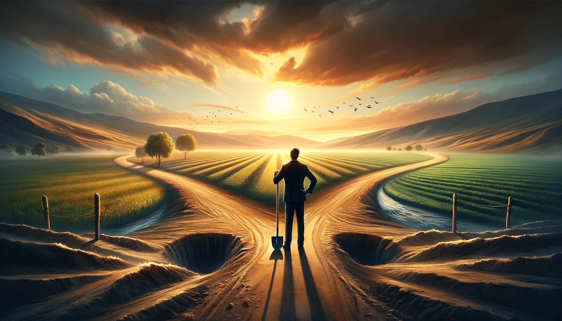 At a literal crossroads, an individual pauses to choose between a familiar, unfruitful path and a new, uncertain direction leading to potential growth, under the symbolic light of a rising or setting sun.