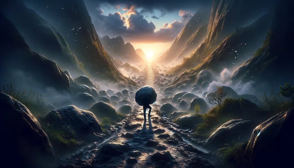 A determined person begins their journey along a difficult, obstacle-laden path carrying a heavy weight, symbolizing the struggle and perseverance needed to achieve personal dreams and goals.