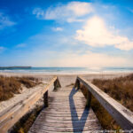 A wooden walkway through tall grass leading to a serene beach with a bright blue sky and gentle sunlight, symbolizing the journey to finding true happiness and peace.