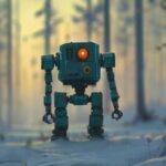 A teal robot named Rolo standing in a snow-covered forest with tall trees, glowing eye illuminating the serene winter landscape, compelling viewers to explore his magical adventure.