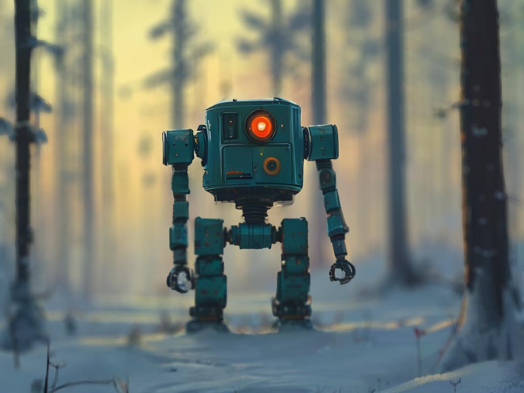 A teal robot named Rolo standing in a snow-covered forest with tall trees, glowing eye illuminating the serene winter landscape, compelling viewers to explore his magical adventure.