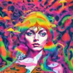 A colorful, psychedelic image of a woman with intense eyes, surrounded by swirling, vibrant patterns and mushrooms, representing the distractions of modern life and the clarity of self-awareness.