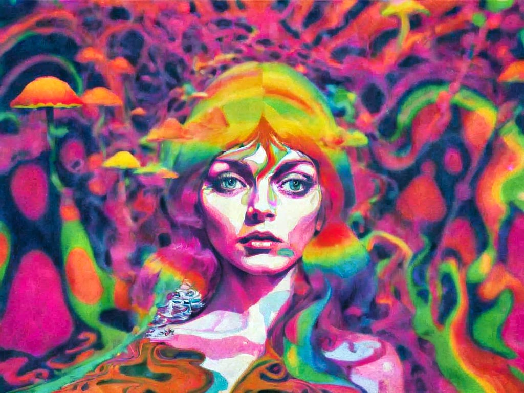 A colorful, psychedelic image of a woman with intense eyes, surrounded by swirling, vibrant patterns and mushrooms, representing the distractions of modern life and the clarity of self-awareness.