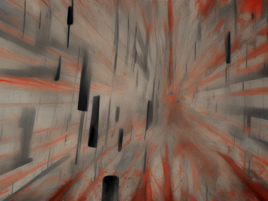 An abstract image featuring dark lines and red splashes, symbolizing the barriers and frustrations of the victim mindset, with a tunnel-like perspective representing the journey towards empowerment and self-discovery.