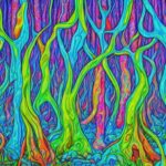 A vivid, abstract forest with twisting, neon-colored trees, inviting viewers to explore the vibrant and interconnected journey of self-discovery and uncover the wisdom within.