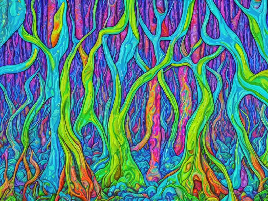 A vivid, abstract forest with twisting, neon-colored trees, inviting viewers to explore the vibrant and interconnected journey of self-discovery and uncover the wisdom within.