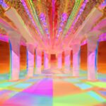 A vivid, neon-colored hallway with glowing pillars invites the viewer to explore the vibrant and illuminating journey of self-discovery and uncover the wisdom within.