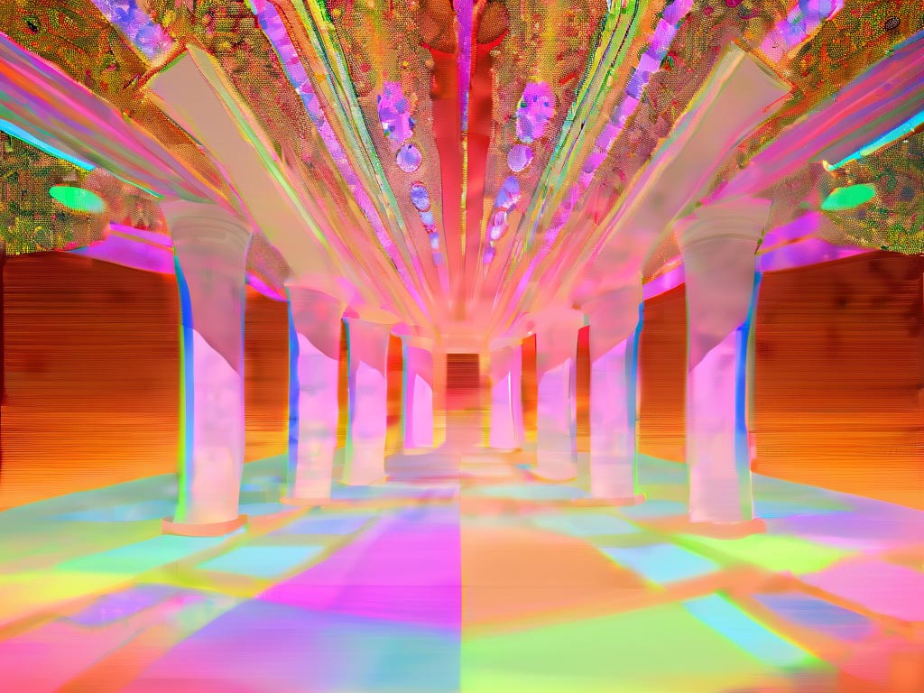 A vivid, neon-colored hallway with glowing pillars invites the viewer to explore the vibrant and illuminating journey of self-discovery and uncover the wisdom within.