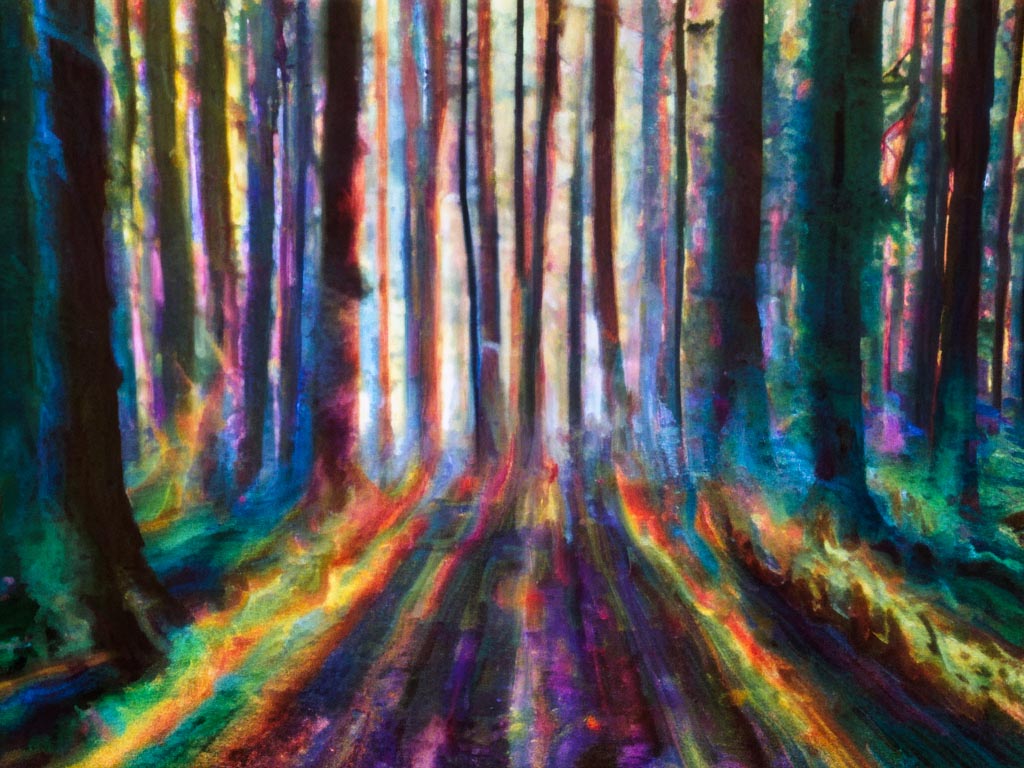 A colorful forest path with light streaming through the trees, symbolizing the journey of life and the beauty found in embracing challenges.