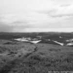 Black and white image of a winding path through rolling hills, symbolizing the journey to awakening and the power of being present in the moment.