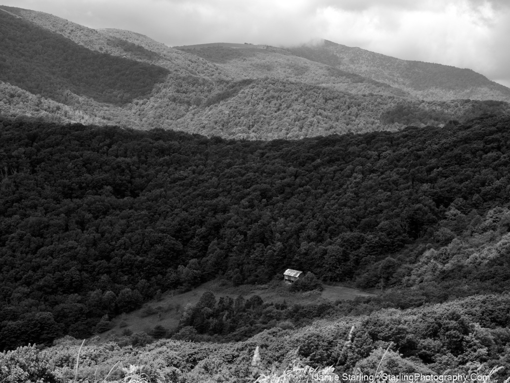 A black-and-white image of a solitary cabin in a vast landscape of rolling hills and dense forests, capturing the essence of resilience and the beauty of an un-average life.